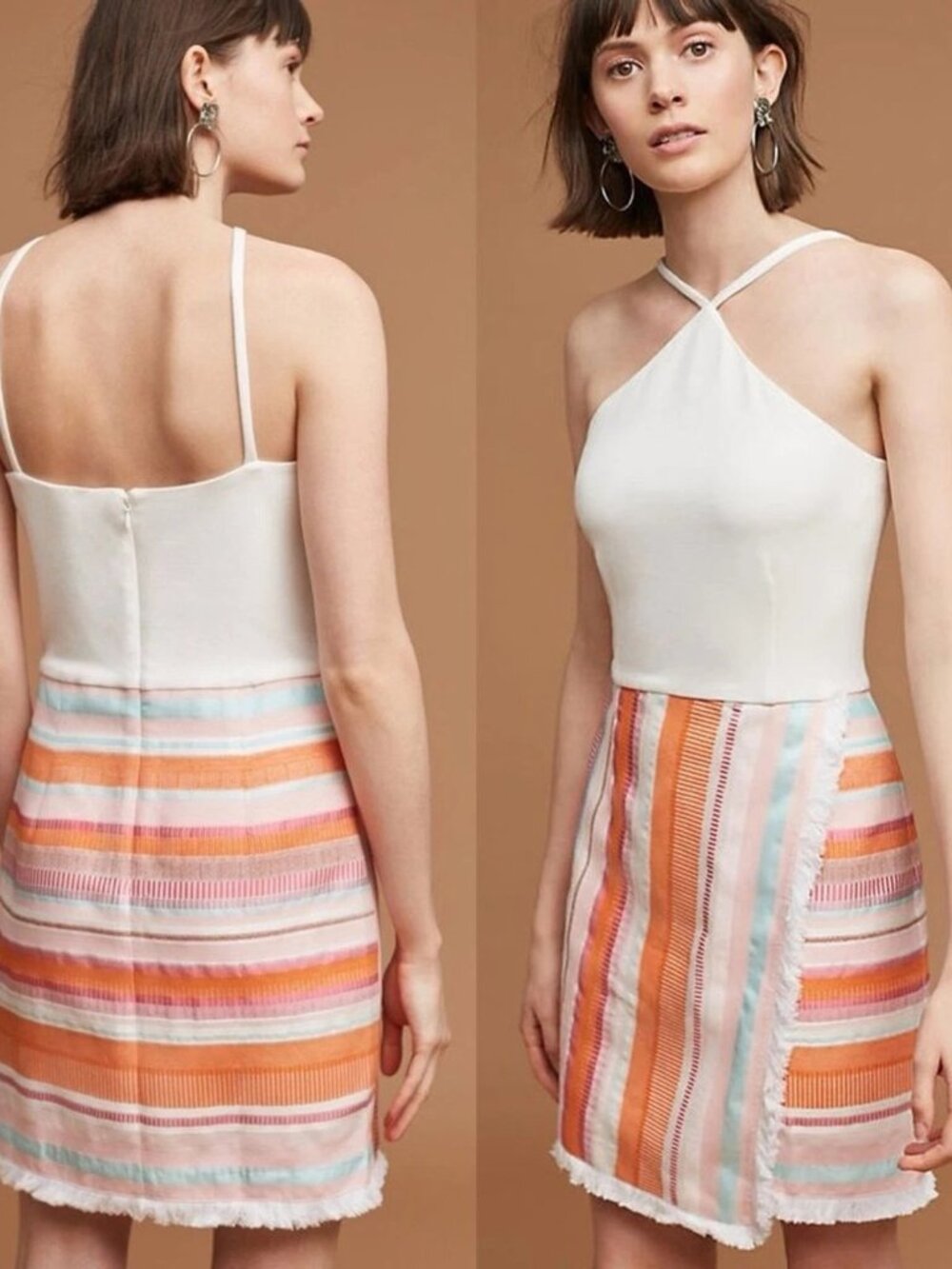 Anthropologie HUTCH LARGE/12 Mini Dress KALYN, halter, striped, faux wrap,fringe
